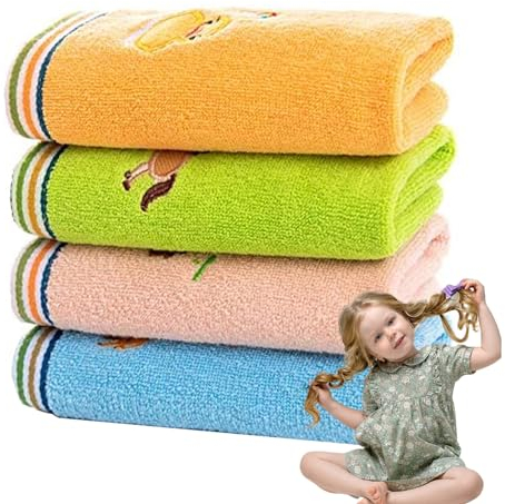 Kinder-Gesichtshandtuch, Handtuch für Kinder, 4 Stück, 25,4 x 50,8 cm, Babywaschlappen, Flanell-Waschlappen, Gesichtshandtuch, niedliche Cartoon-Tier-Stickerei, für Kinder, Baumwolle