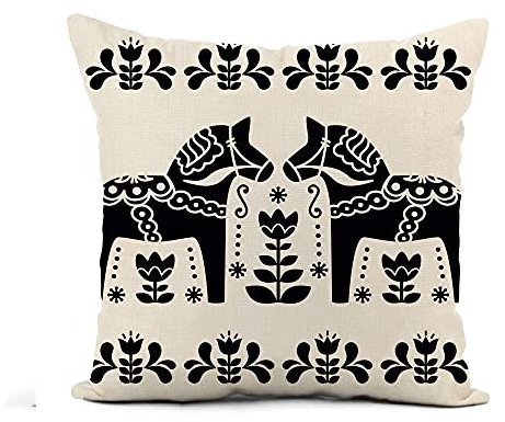 Kissenbezüge 45X45cm, Dalahorse Schwedisches Dala Daleclarian Pferd Schwarz-Weiß-Folk Gemütliche Kissenbezug Moderne Kissenhüllen Für Auto Bett Schlafzimme