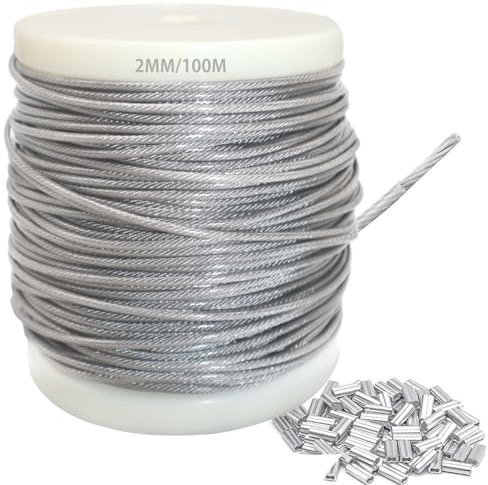 2mm 304 Wire Rope Stainless Steel Wire Cable 100m Length 7x7 Cross Section 275kg Breaking Load stainless steel cable with 100 Pcs Aluminum Crimping Clamps Loop Sleeve (Diameter: 2mm Length: 100m)
