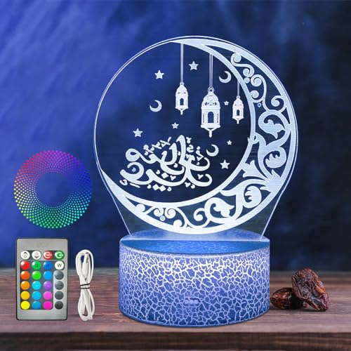 Ramadan Dekoration Lichter, Eid Mubarak Licht Mondlampe, Ramadan Deko Lampe Mond und Stern, Ramadan Mubarak Dekoration, Nachttischlampe Kabellos Touch LED Lamp Dimmbar 3D mit Fernbedienung (B Laterne)
