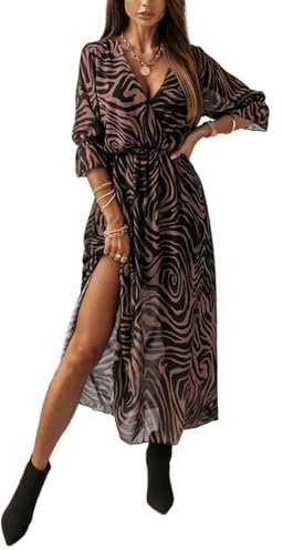 SEEKWISH Vestito Donna Elegante Estivo Lungo Mare Scollo a V Maniche Corte,Marrone,XL
