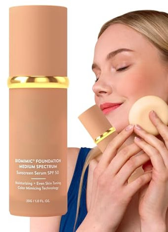Biomimic Foundation 4 in 1, 30 ml Bio Mimic Foundation Medium Spectrum, farbkorrigierender Primer, wasserfeste Liquid Foundation, Instant Pore Eraser Primer Make-up für die meisten Hauttypen