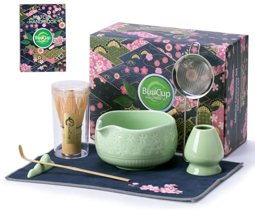 Buucup Matcha Whisk Set, Ceramic Matcha Kit with Bowl & Bamboo Tools | 7-piece set includes ceramic bowl, bamboo whisk, scoop, holder, rest, sifter and tea towel for home matcha making.