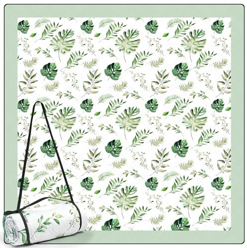 DEWUR Picknickdecke wasserdicht waschbar, Stranddecke Sandfrei XXL Campingdecke Strandmatte isoliert mit wasserdichter Unterseite (grün mit Blättern, 200 x 200 cm)