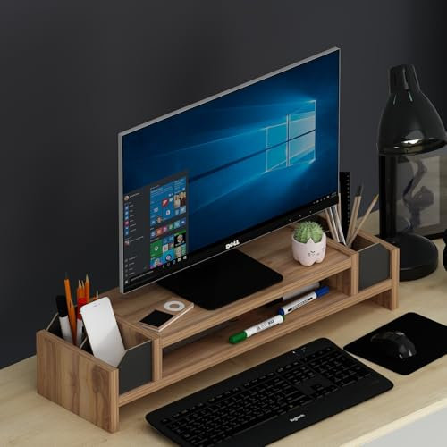 Homidea CINAR Support d'écran - Organisateur - Étagère supplémentaire - Rehausseur d'écran pour bureau (CINAR - Noyer/noir)