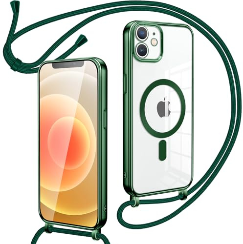 Oelrstfe Magnetische handyband mit Band für iPhone 12/iPhone 12 Pro Hülle - Necklace HandyHülle Transparente zum Umhängen mit justierbarer und Abnehmbarer Kette, Crossbody Magnet Clear Cover(Grün)