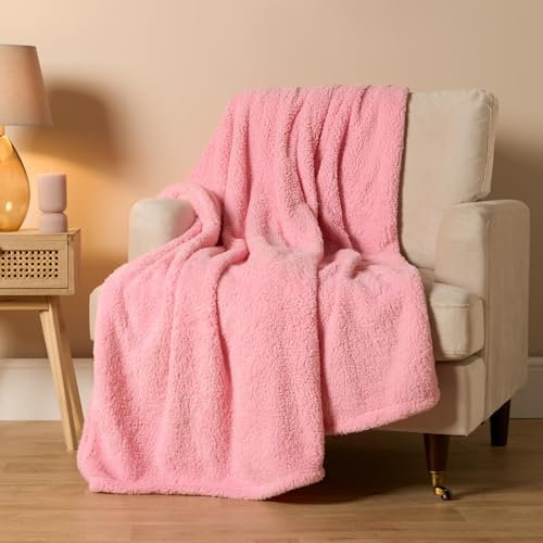 Brentfords Teddy Double Throw Pink Fluffy, Thick Warm Blanket for Winter Super Soft Cosy Comfy Fleece Throw Couch Cover Over Sofa Throw - Pink, 150 x 200cm