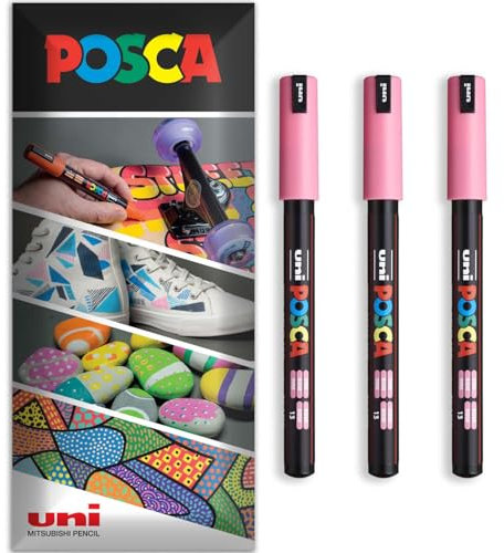 Posca - Water Based Permanent Marker Paint Pen - Multi Surface Use - PC-1MR - Pack of 3 Pens in Wallet (Pink)