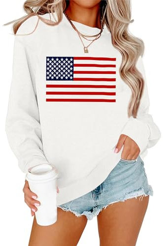 Lacozy Damen-Sweatshirt mit amerikanischer Flagge, Rundhalsausschnitt, langärmelig, lockere Passform, Pullover, Weiss/opulenter Garten, Klein