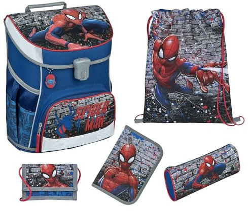 Familando Jungen Schulranzen 1. Klasse · Scooli Campus Fit Schultasche · ergonomisch & leicht · Schulranzen Set für Jungs und Mädchen (5-teiliges Set mit Federmappe, Spiderman Blau)