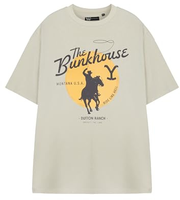 Y Yellowstone Mens Beige Short Sleeved T-Shirt | The Bunkhouse Graphic Tee | Vintage Style Crew Neck Top | Retro Yellowstone Apparel for Men