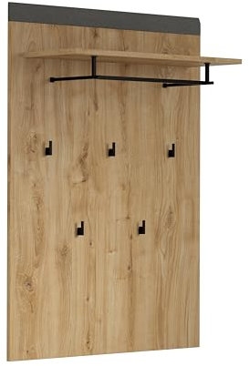 trendteam smart living - Blanshe - Garderobenpaneel - Eiche/Grau - Wandgarderobe mit 5 schwarzen Kleiderhaken - (BxHxT) 79 x 110 x 27 cm - Wandpaneel mit Ablage und Kleiderstange