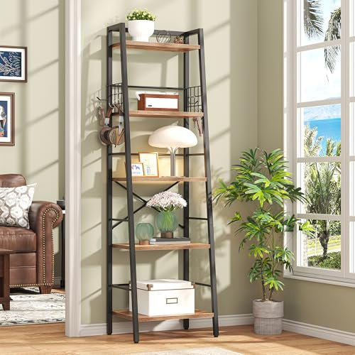 Chartyou 5 Tier Ladder Bookshelf, 140cm tall Freestanding Storage Organiser Shelves, Steel Frame industrial bookshelf, ladder shelf unit for Living Room, Office, Rustic Brown and Black, 43*30*140cm