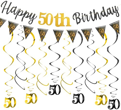 Affivia Deko 50. Geburtstag Mann Frau, 50 Geburtstag Deko Set, Happy Birthday 50 Girlande, Luftschlangen 50 Geburtstage Frau Mann Partydeko,50er Banner&Spiralen 50er Hängedeko,Geburtstagsdeko 50 Jahre