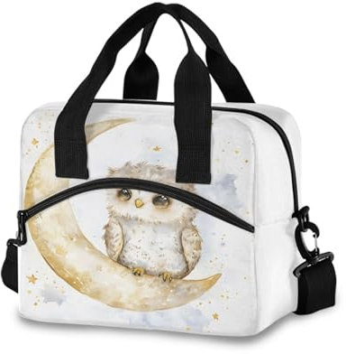 Reusable Lunch Box for Men/Women Owl Moon Insulated Tote Bag Leakproof Lunchbox with Pocket for Work Office Picnic Beach Freezable Lunch Cooler Bag with Adjustable Shoulder Strap