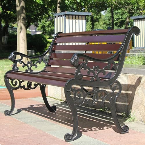 GSATREY Garden Bench, Cast Iron Metal Frame Patio Park Bench, Wrought Iron Bench with Backrest and Armrests, Patio Bench with Wood Seat, Outside Furniture Decor, for Lawn, Park, Deck(Brown)
