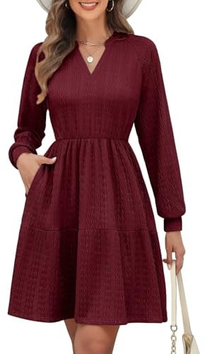 PASUDA Kleid Damen Elegant Langarm Ärmel V-Ausschnitt Kleider Casual Damen Kurze Freizeitkleider Frühling Herbst Herbstkleid Knielang Kurzkleid Minikleid Bequem A Linien mit Taschen