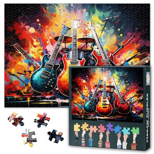 Puzzles für Erwachsene 1000 Teile, Musikinstrumente auf abstraktem Buntem Grunge 1000 Teile Puzzle, Akustikgitarre und E-Gitarre Puzzle, Impossible, 50x70 cm