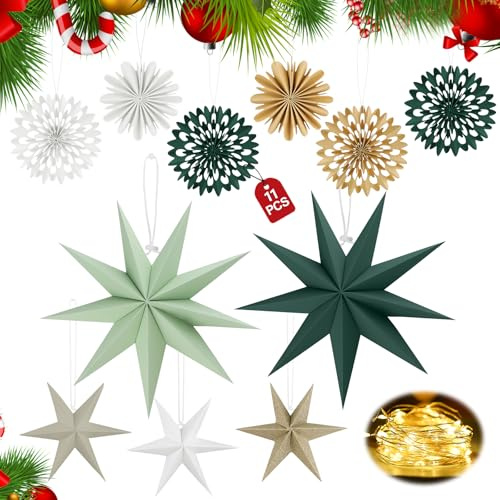 YnewL 5 Stück Papiersterne Zum Aufhängen und 6 Stück Weihnachten Fächer Dekorationen, Papier Deko Weihnachten Geeignet - Weihnachtsdekorationen, Hochzeiten, Geburtstagsfeiern und Tischdekorationen