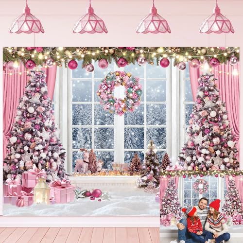 Pink Christmas Photography Backdrop Winter Window Backdrop Snowy Forest Scene Xmas Tree Background Christmas New Year Holiday Party Decorations Photo Studio Props (8x6FT（240x180cm）)