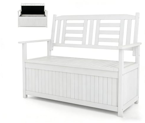 KOMFOTTEU 2 Sitzer Gartenbank mit Strauraum, Außenbank aus Pappelholz wetterfest, Holzbank mit Armlehnen und Rückenlehne bis zu 250 kg belastbar, Truhenbank 123 x 68,5 x 96 cm (Weiß)