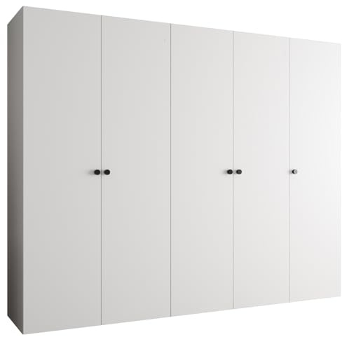 MEBLE KRYSPOL - Kleiderschrank - Garderobenschrank - 250 cm x 202 x 52 cm - Schrank mit Kleiderstange, 5 Türen - für Schlafzimmer, Flur - Parma, Weiß, Griff Schwarz