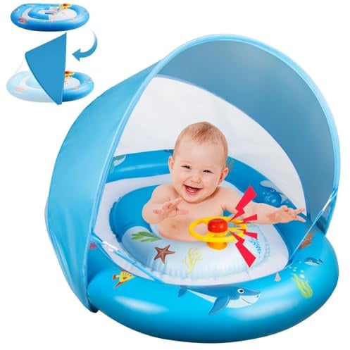 Schwimmring Baby (6-36 Monate, max. 20 kg) – Doppelkreis-Design mit UPF50+ Sonnendach & Spielzeug-Hupe – Verstellbarer Sicherheitssitz, doppelte Luftkammern – Ideale Schwimmhilfe für Kleinkinder