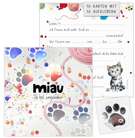 TOBJA XXL Einladungskarten Kindergeburtstag Katze | 10er Set quadratisch 14,8 x 14,8 cm | inklusive 10 Sticker 5x5 cm + Klebepunkte | süßes Aquarell Design (Konfetti)