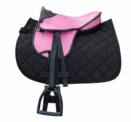 Brama West Ensemble de selle pour cheval en bois « My Happy Pony » | Selle pour shetty, cheval en bois et cheval en peluche | avec tapis de selle, sangle, étriers et étrivières (Noir/Rose)