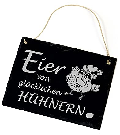 Schiefertafel Eier von glücklichen Hühnern - Huhn mit Herzen 22x16cm