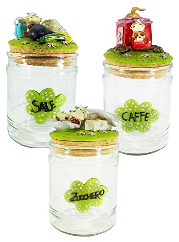 Set 3 Barattoli in Vetro, Funny Mucca Alice per Caffè, Zucchero e Sale