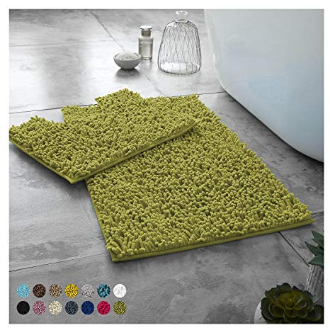 Lions Luxury 2 Piece Loop Bath Mats for Bathroom - Non Slip Chenille Bath Mat Set Rugs, Extra Soft with Water Absorbent Pedestal Bathmat Shower Toilet Mat, Green