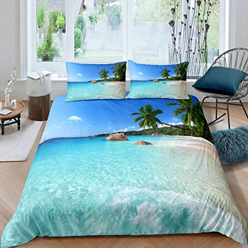 Loussiesd Strandbettwäsche Ozean Bettbezug Hawaiian Palme Waves Bettwäsche Sommer Tropisch Island und Sea Beach Nature Theme Bettbezug 135x200 cm blau Betten Set mit Reißverschluss