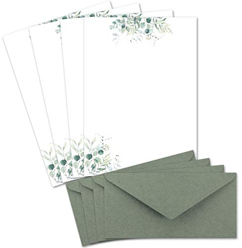 25 Briefbogen-Sets DIN A4 - Naturpapier in Creme mit Eukalyptus-Zweigen - mit Briefumschlägen DIN Lang in Eukalyptus-Grün Briefpapier bedruckbar ideal für Hochzeitseinladungen
