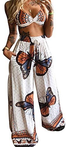 Damen 2-teiliges Boho-Sommer-Outfits, Bohemian-Stil, Blumenmuster, Schmetterling, sexy, bauchfrei, weites Bein, lockeres Palazzo-Hose, 2-teiliges Set - - Klein