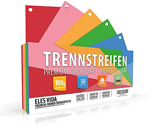 TRENNSTREIFEN gelocht Blanko - Festes - - Robust beschreibbar - AUS DEUTSCHLAND - Für Ringordner - Registerblätter für bessere Ordnung - (Bunt | 50 Blatt | 5 Farben)