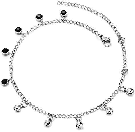 COOLSTEELANDBEYOND Acier Inoxydable Femme Chaîne Maillons Bracelets de Cheville avec Pendantes Grelot et Noir Zircone Cubique Cercle Charms