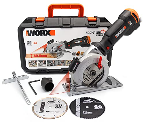 WORX - Sega circolare 800W- Worxsaw - Profondità di taglio fino a 43mm - ideale per legno, metallo, plastica, pietra - WX437 (fornita con accessori, guida e adattatore per aspirapolvere)