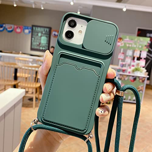 UEEBAI Crossbody Case for iPhone XR with Camera Cover, Silicone Card Holder Phone Cover with Adjustable Necklace Strap Cord Lanyard Shockproof Protective Case - Dark Green