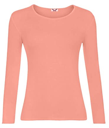 KATSSI Women’s Ladies Long Sleeve Stretch Plain Round Scoop Neck T Shirt Top ML Peach