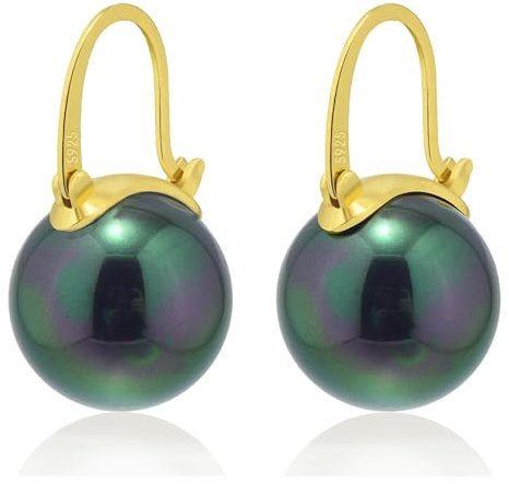 HUGE TOMATO Orecchini pendenti con perle nere e verdi da 14 mm Eleganti orecchini in argento sterling 925 con chiusura placcata oro 14k per la moda femminile