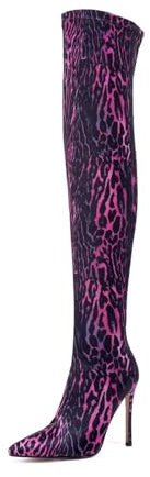 Stivali da gattino sopra il ginocchio, stivali con tacco alto a coscia di leopardo rosa nero, Frankie Hsu moda tessuto elasticizzato sexy sopra il ginocchio scarpe da donna, Rosa, 39 EU