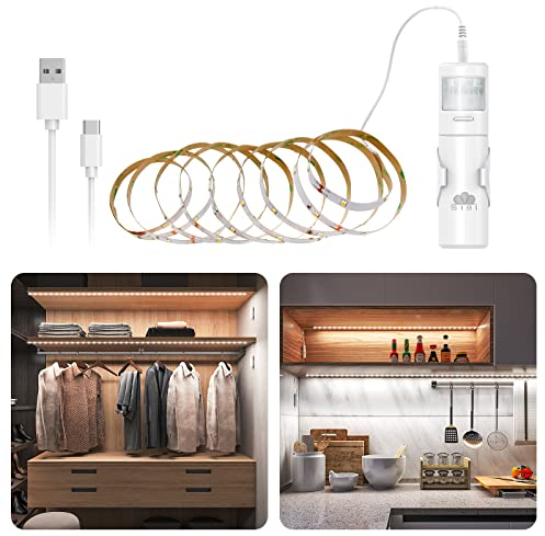 LED Strip mit Bewegungsmelder 2M, SIBI LED Schrankbeleuchtung Batteriebetrieben, USB Wiederaufladbar, Dimmbar Nachtlicht Lichtband für Schrank,Treppe,Bett,Bücherregal, Normales Weißes 4000K, 3 Stück
