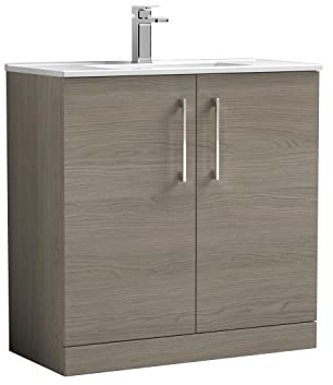 nuie ARN2505B Arno Modern Bathroom Floor Standing 2 Door Vanity Unit with Minimalist Ceramic Basin, 800mm, Woodgrain Solace Oak