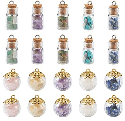 Spritewelry Lot de 40 pendentifs en 2 petits flacons en verre en liège avec pierres précieuses, pendentifs pour colliers, boucles d'oreilles, bracelets, bijoux, artisanat de bricolage, Verre