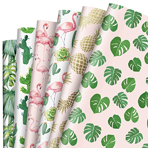 AnyDesign 12 Blatt tropisches Geschenkpapier Flamingo, Kaktus, Ananas, Palmblätter, Geschenkpapier, Großpackung, Grün, Rosa, Hawaii-Stil, Kunstpapier für Sommer, Hochzeit, Babyparty, Geburtstag, flach