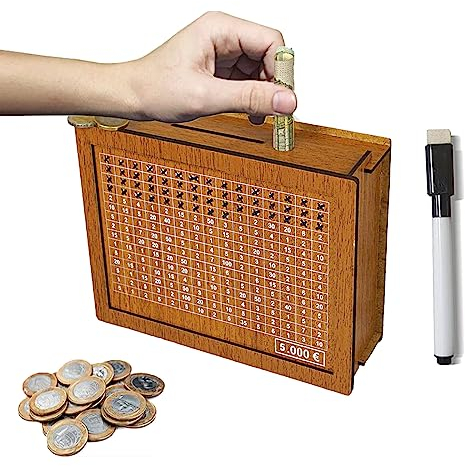 Feliciay Spardose aus Holz,Retro Sparbüchse Aufbewahrungsbox,Wiederverwendbare Spardose mit Sparziel und Zahlen zum Ankreuzen,Sparschwein mit Marker Kinder Sparbox für Gewohnheit zum Sparen(5000€)