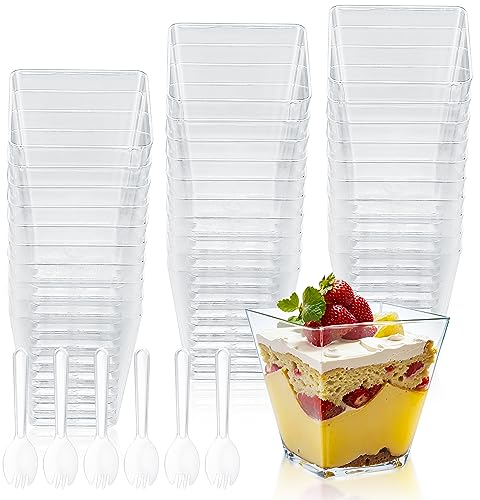 VARHHUXHA 50 Pièces Tasses à Dessert, Bols à Dessert Réutilisables en Plastique 120 ML Coupes à Dessert Transparente pour Dessert/Apéritifs/Mousse/Crème Glacée, avec 50 x Cuillères,