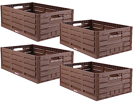 Bestlivings Stabile Faltbox 4er Pack Holzdesign 60 x 40 x 21,8cm ( LxBxH ) Stapelbarer Faltbarer Einkaufskorb 45L - Robuste Klappkiste - Gemüsekiste Obstkiste
