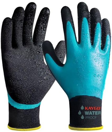 KAYGO Waterproof Work Gloves for Men and Women with Double Latex Coated, Non-Slip Super Grip for Gardening Car Washing Fish Cleaning (Blue, L, 1 Pairs)